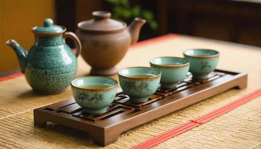 Traditional Japanese tea ceremony setting with ceremonial implements on tatami