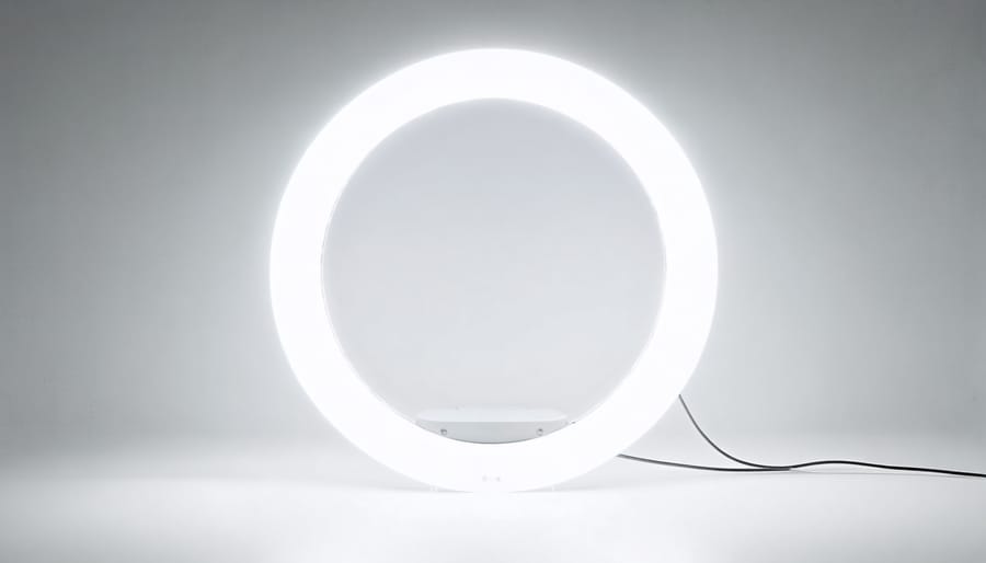 LED ring light creating circular lighting pattern on reflective surface