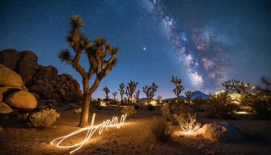 Light-painted Joshua tree against starry night sky and Milky Way in desert