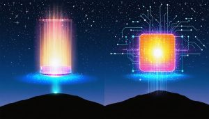 Artistic comparison of large and small camera sensors under a starry night sky, illustrating how larger sensors capture more light and produce stronger signals, enhancing image quality in low-light conditions.