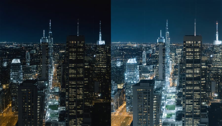 Split-screen night cityscape comparing traditional vs z-noise wave reduction techniques