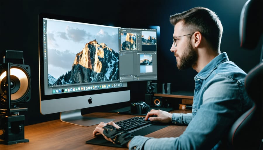 Photographer editing photos on a Mac computer in professional studio setting