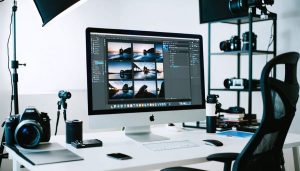 "Professional photographer editing images on a Mac computer in a modern studio environment."