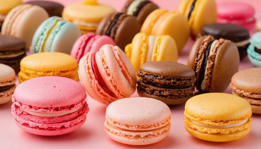 Overhead view of colorful macarons arranged in spiral pattern