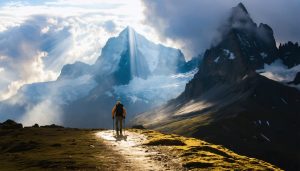 A vivid mountain landscape with dramatic peaks, storm clouds, and sun rays shining through. A lone hiker in the foreground illustrates the scale of the scenery.