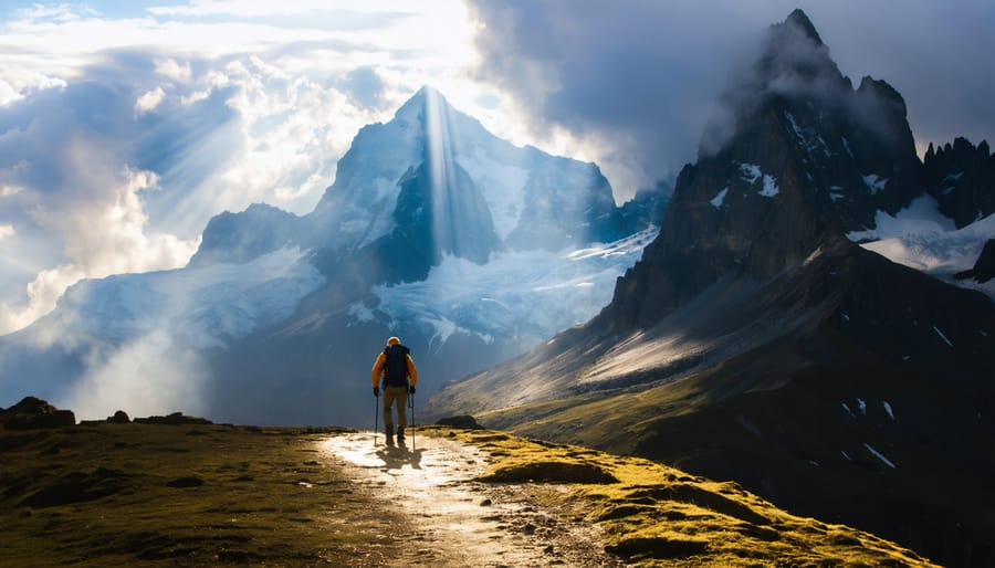 A vivid mountain landscape with dramatic peaks, storm clouds, and sun rays shining through. A lone hiker in the foreground illustrates the scale of the scenery.