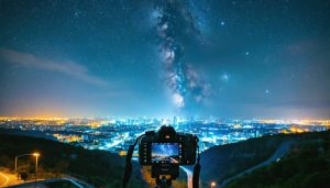 A vibrant and captivating night scene showing the Milky Way in the sky above a glowing cityscape with light trails, symbolizing the mastery of f-stop settings in night photography.