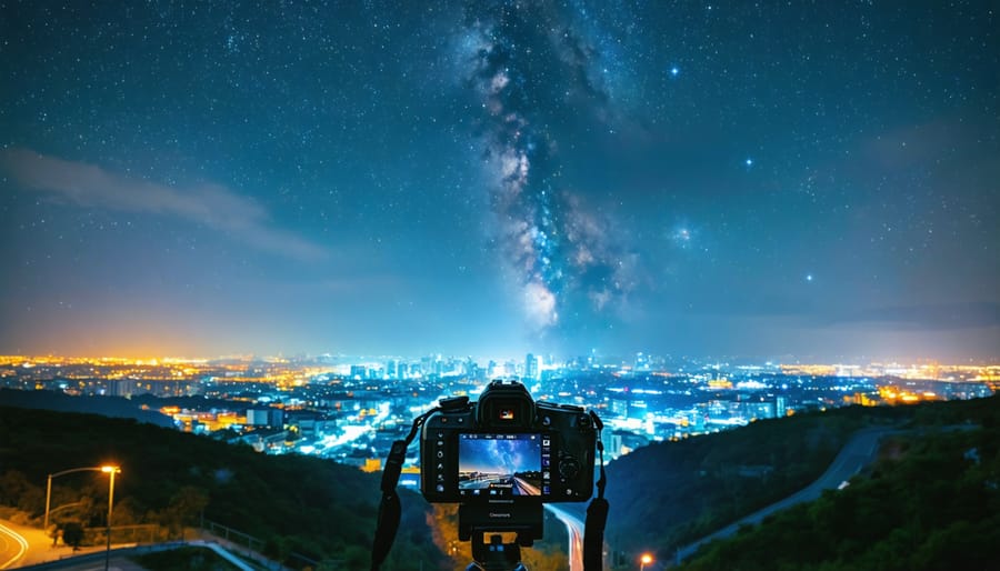 A vibrant and captivating night scene showing the Milky Way in the sky above a glowing cityscape with light trails, symbolizing the mastery of f-stop settings in night photography.