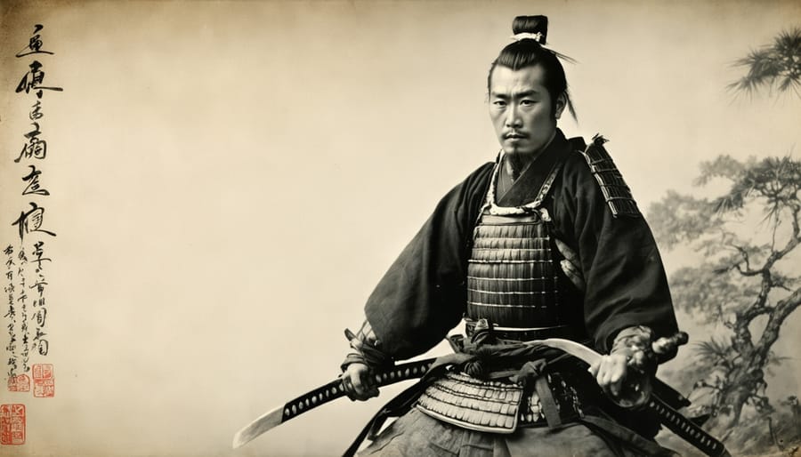 Historic black and white daguerreotype photograph of a samurai in traditional armor holding a katana
