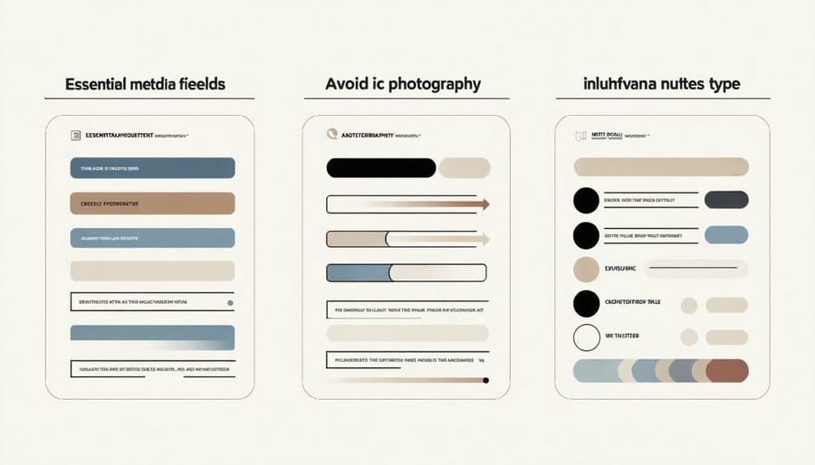 Visual guide showing recommended metadata fields for portrait, landscape, and commercial photography
