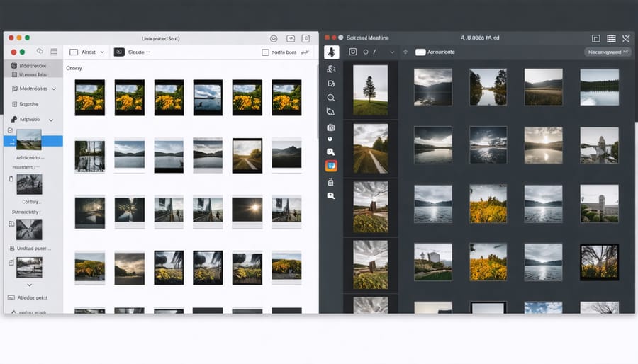 Side-by-side comparison of photo organization with and without metadata implementation