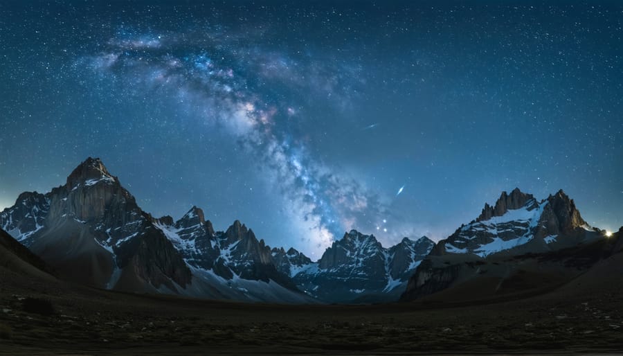 "The Milky Way galaxy forming a dramatic arch over rugged mountain peaks under a pristine dark sky."