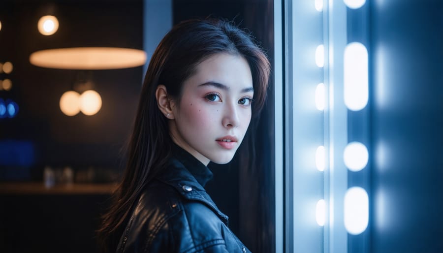 Person in cafe illuminated by both window light and interior lighting