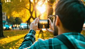 "A photographer using a smartphone to capture photos in a city park during golden hour, with vibrant city lights and soft sunlight."