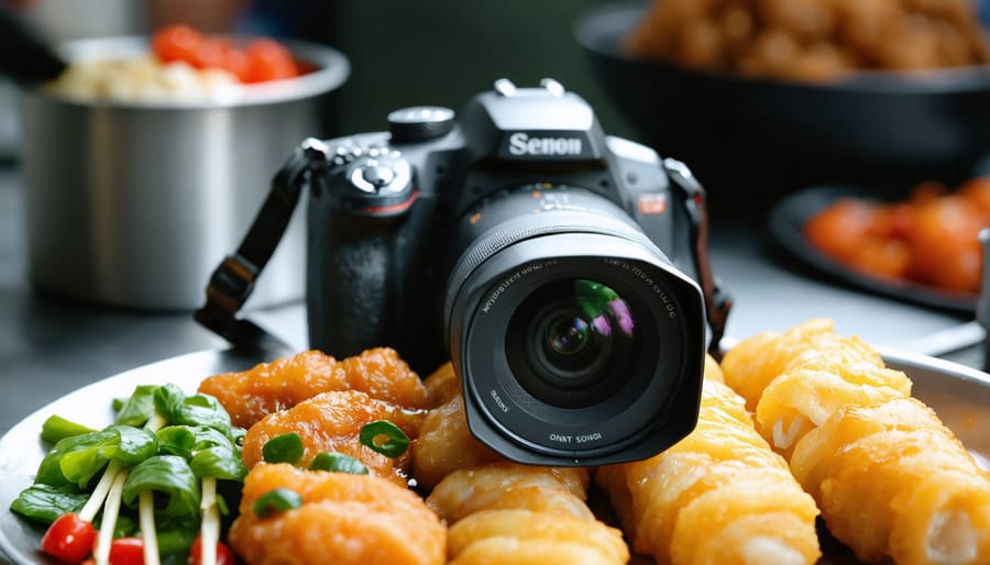 Modern camera setup capturing street food preparation in night market setting