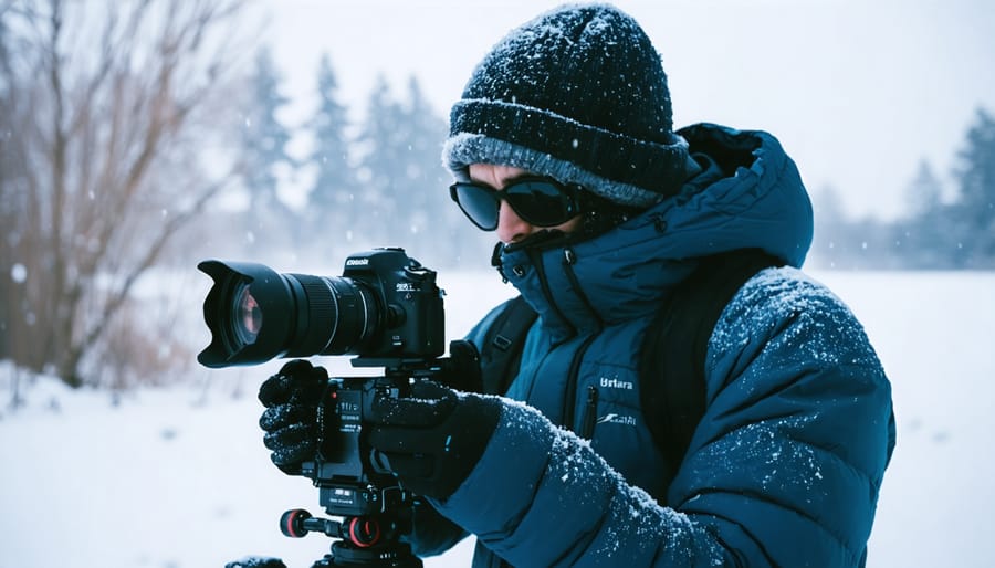 Photographer using camera rain cover and handling equipment in snow