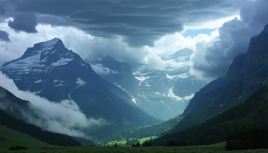 Dramatic mountain peaks with storm clouds and sun rays breaking through