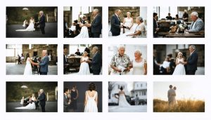 Storyboard layout of diverse narrative photography scenes, including a father at a wedding, a protest, a craftsman in their workshop, and family portraits, illustrating the art of storytelling through images.