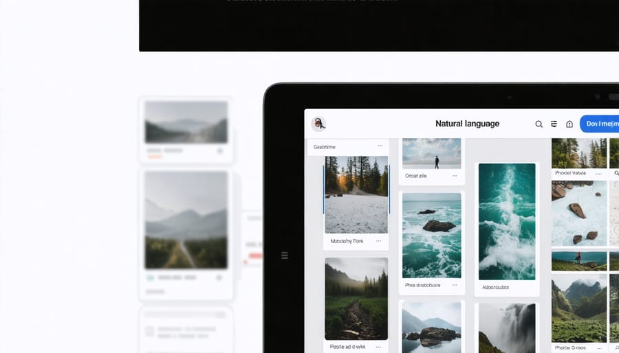 User interface demonstrating natural language search finding beach vacation photos