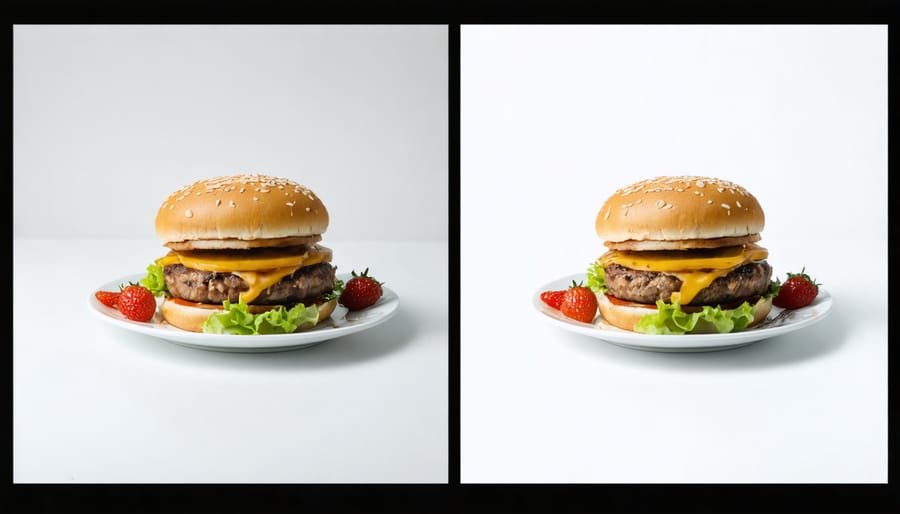 Comparison showing the difference between harsh and diffused natural light in food photography