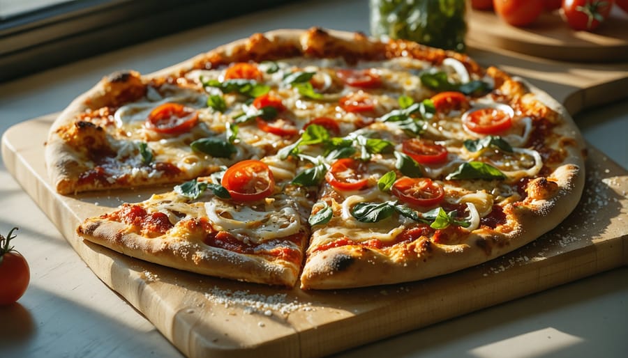 Pizza photographed with natural window lighting showing texture and steam