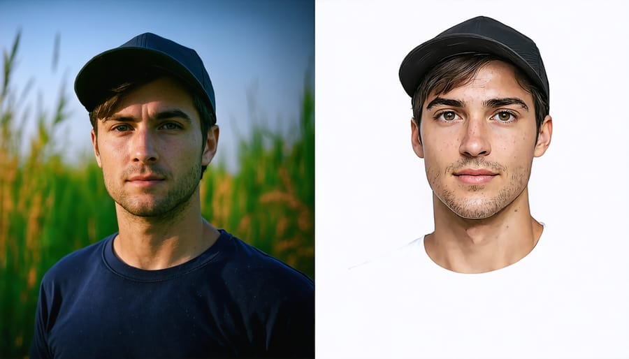 Side-by-side comparison of a portrait in natural light versus with artificial lighting enhancement