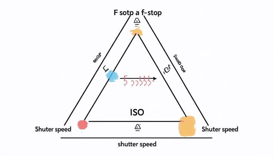 Visual illustration of the exposure triangle showing the relationship between f-stop, ISO, and shutter speed in night photography