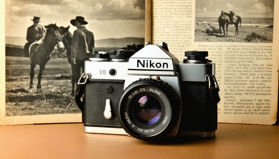 Vintage Nikon Model I camera from 1948 with Japanese advertising materials