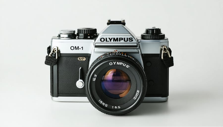 Professional photograph of the classic Olympus OM-1 camera showing its compact design