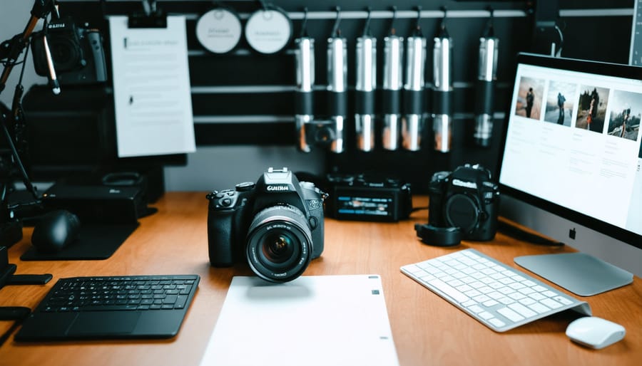 Well-organized photography studio with Mac workstation and professional equipment