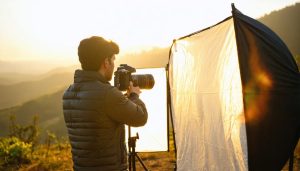 Photographer using portable strobe lighting alongside natural sunlight to capture a perfectly lit outdoor scene during golden hour.