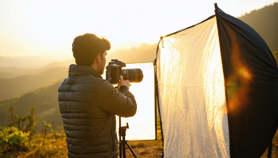 Photographer using portable strobe lighting alongside natural sunlight to capture a perfectly lit outdoor scene during golden hour.