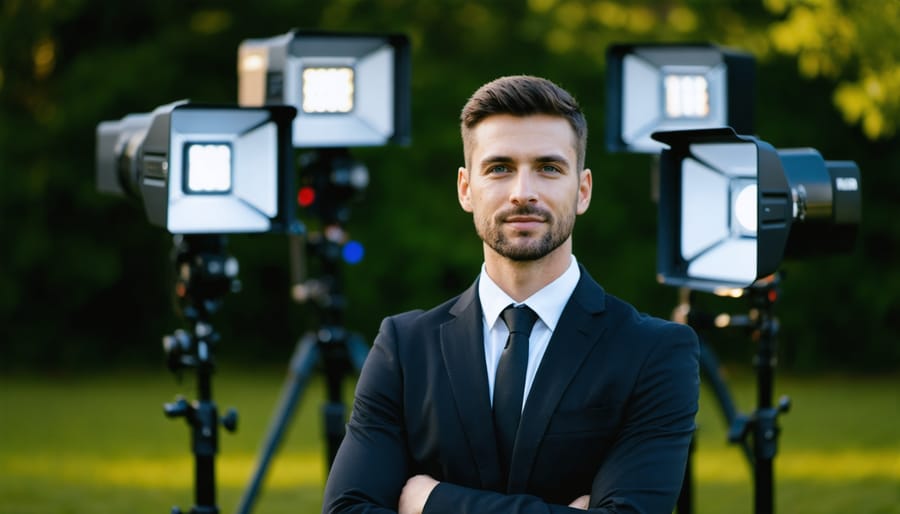 Outdoor portrait photography setup with multiple wireless LED lights illuminating a model