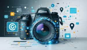 "Conceptual illustration of a camera surrounded by metadata symbols including binary code, location pins, and copyright icons, set against a digital Photoshop interface background."