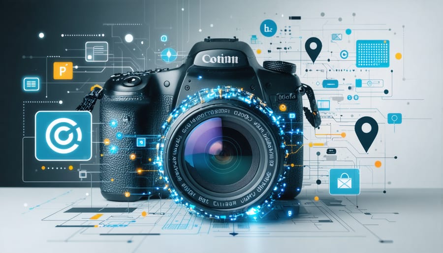 "Conceptual illustration of a camera surrounded by metadata symbols including binary code, location pins, and copyright icons, set against a digital Photoshop interface background."