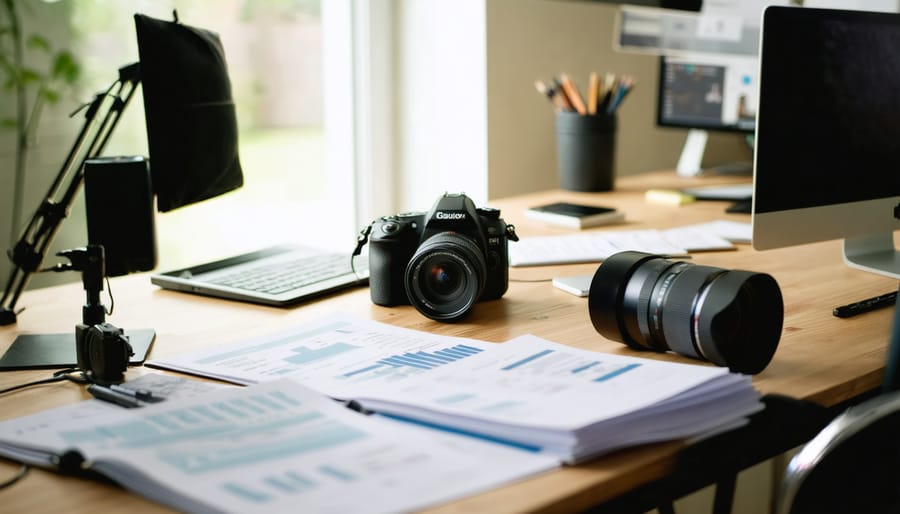 "Photographer reviewing financial documents at a desk with a camera and lens to balance creative work and business planning."