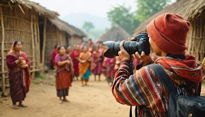 "Photographer in a remote village capturing an ancient cultural tradition with villagers in the background."
