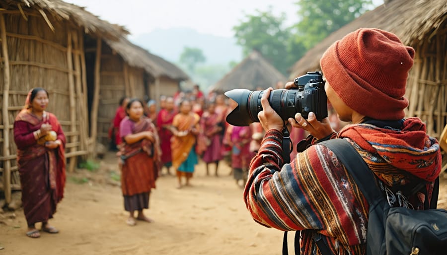 "Photographer in a remote village capturing an ancient cultural tradition with villagers in the background."
