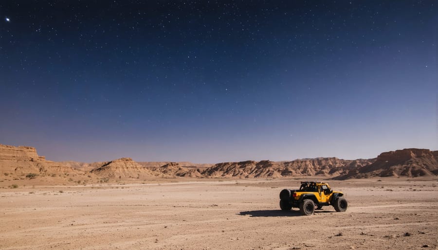 Photographer using red headlamp while working at camera under starry desert sky