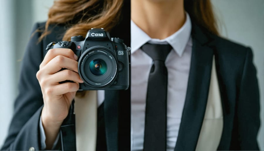 Photographer reviewing financial documents at desk with photography equipment nearby