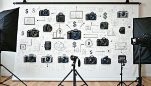 "Digital flowchart with photography gear and financial symbols, representing the intersection of creative work and financial planning for photographers."