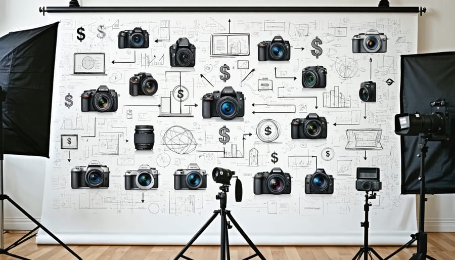 "Digital flowchart with photography gear and financial symbols, representing the intersection of creative work and financial planning for photographers."