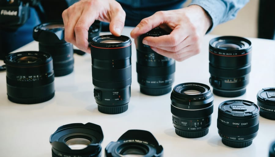 Two photographers examining and exchanging camera lenses in a studio setting