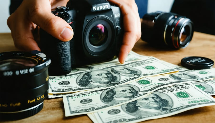 Photographer organizing cash savings beside professional camera gear