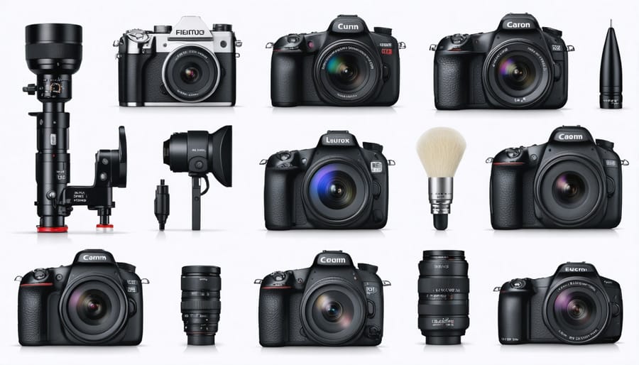 Organized display of photography equipment including camera, lenses, and accessories