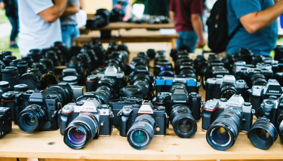 "Various vintage and modern cameras and lenses on a wooden table at a photography swap meet with blurred background of people interacting."