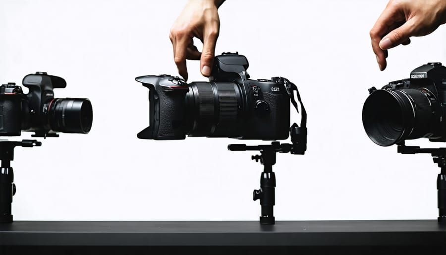 Hands carefully protecting vintage camera equipment with insurance documents in background