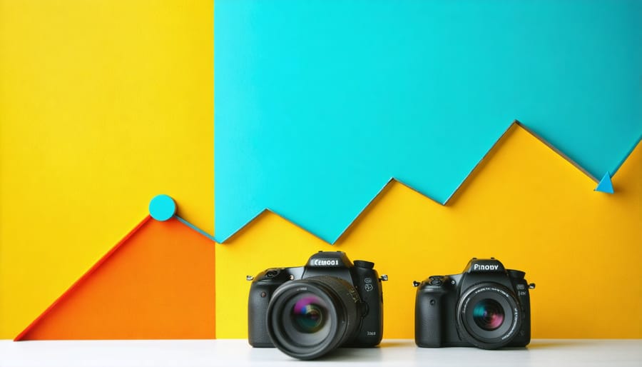Financial growth chart with camera gear silhouettes