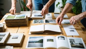 Hands bind photography zines on a wooden table with recycled paper stacks, soy-ink rollers, and stitching thread in soft natural light, with blurred workshop shelves and plants in the background.