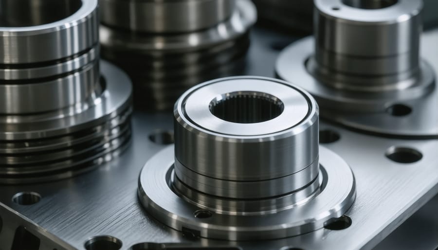 Detailed view of machined metal part through camera lens